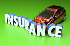 Concept image of compact hatchback with front end damage after crashing into insurance word on green background