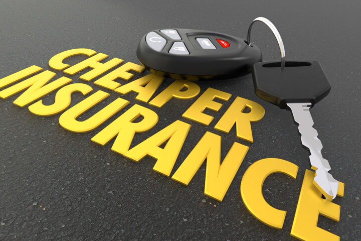 Shiny gold Cheaper Insurance words on asphalt with car key and key fob