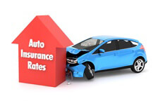 Auto insurance concept of car crashing into up arrow representing higher car insurance rates