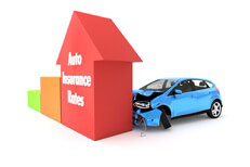 Car insurance concept of car crashing into column chart with up arrow representing higher prices