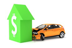 Compact car crashed into large up arrow with dollar sign representing higher insurance rates after an accident