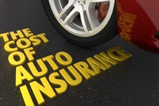 Shiny gold text The Cost of Auto Insurance on road next to sports car