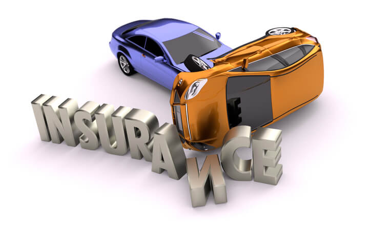 Two car accident sliding through silver insurance letters isolated on white