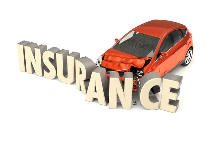 Car insurance concept image of compact car in accident with insurance letters isolated on white background