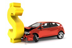 Car insurance accident concept image with large dollar sign and red compact car