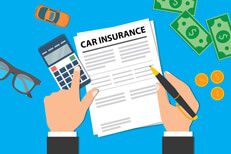 Desk with car insurance policy, money, glasses, toy car, and calculator with business man hands holding pen and touching key on calculator blue background