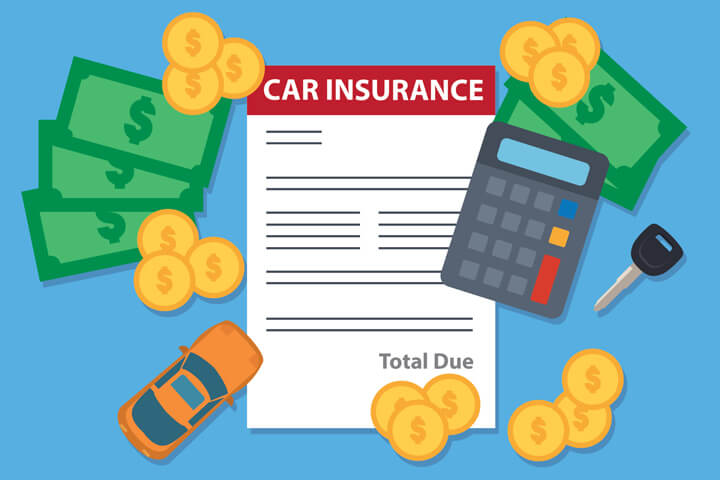 Car insurance bill with calculator, toy car, car key, and money flat concept for expensive auto insurance or budgeting