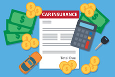 Car insurance bill with calculator, toy car, car key, and money flat concept for expensive auto insurance or budgeting