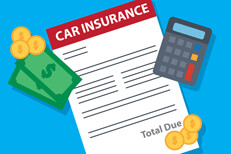Car insurance bill with calculator, bills, and coins flat concept for cost of car insurance or premium price