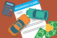 Insurance claim form with two car collision concept with calculator and cash and coins concept for payment of a car insurance claim on dark orange background