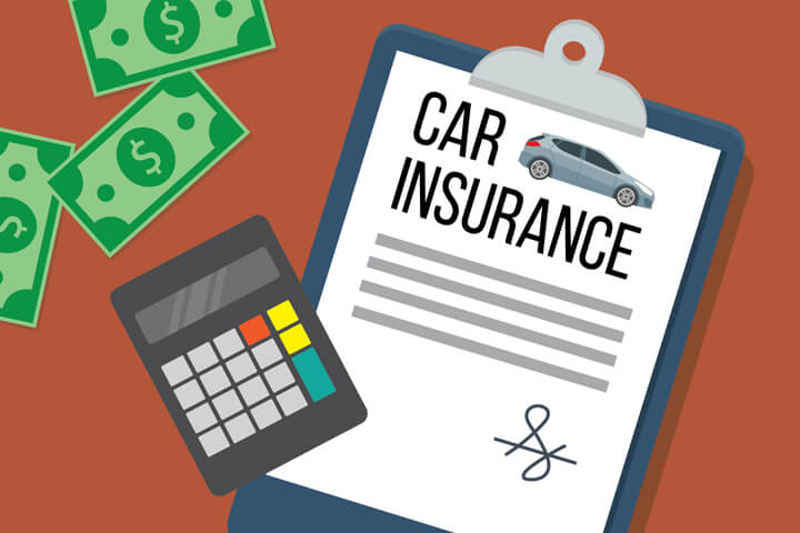 Car insurance policy on clipboard with calculator and cash flat concept image