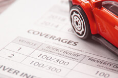 Car insurance policy coverages Close up photo of car insurance policy coverages with red toy car