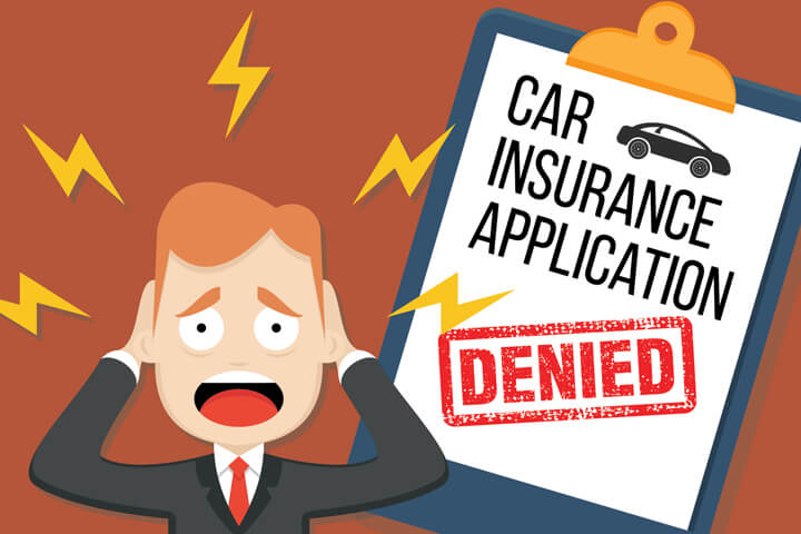 Car insurance application with large DENIED stamp with distressed man in foreground