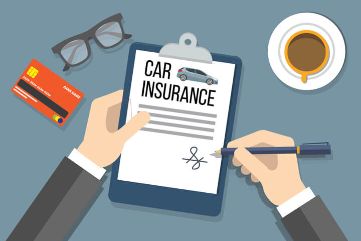 Hands holding and signing car insurance policy on clipboard with glasses, credit card, and coffee cup on desk flat concept image