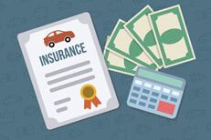 Car insurance policy with fanned money and calculator flat concept for car insurance savings or lowest price