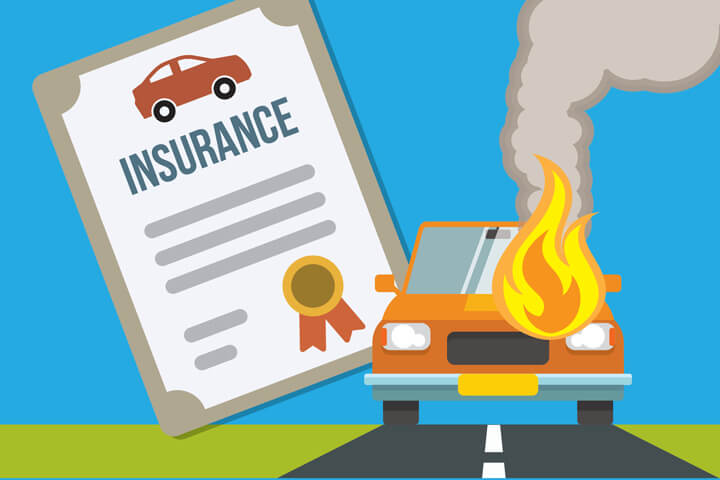Car on fire sitting on road with car insurance policy in background flat concept image