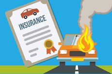 Car on fire sitting on road with car insurance policy in background flat concept image