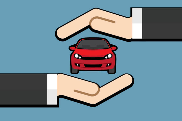 Hand holding car with hand protecting on top flat concept for insurance protection or insurance agent