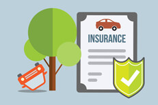 Car insurance policy and shield next to overturned car from rollover accident flat concept for collision rollover coverage