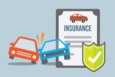 Car insurance policy with two cars colliding with protection shield in foreground flat concept