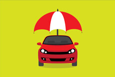 Red car with red and white umbrella concept for insurance protection on bright green background