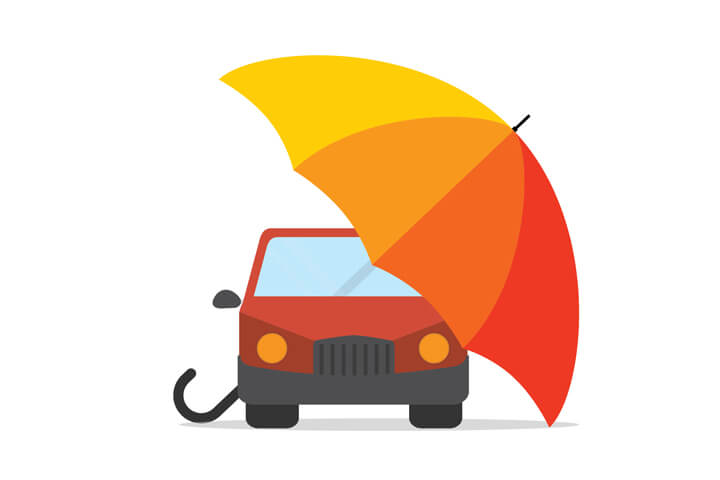 Red car under colorful umbrella flat concept for auto insurance protection on white background
