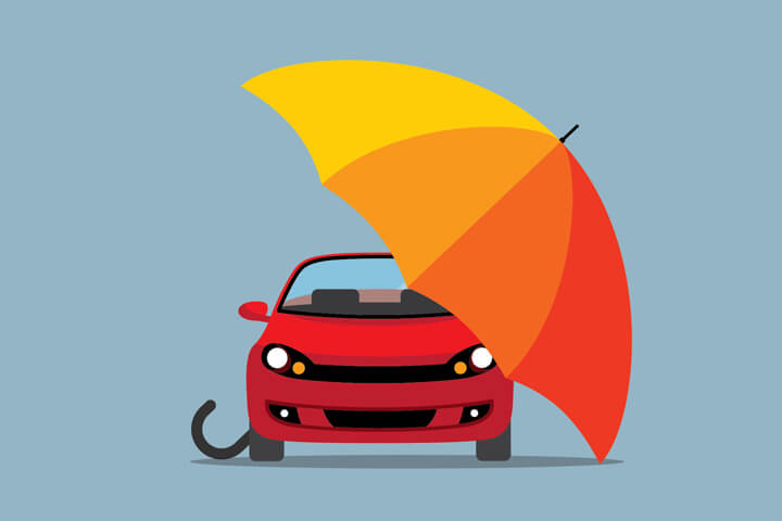 Red car under colorful umbrella flat concept for auto insurance protection
