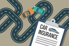 Two small cars crashed on very curvy road with car insurance policy in foreground