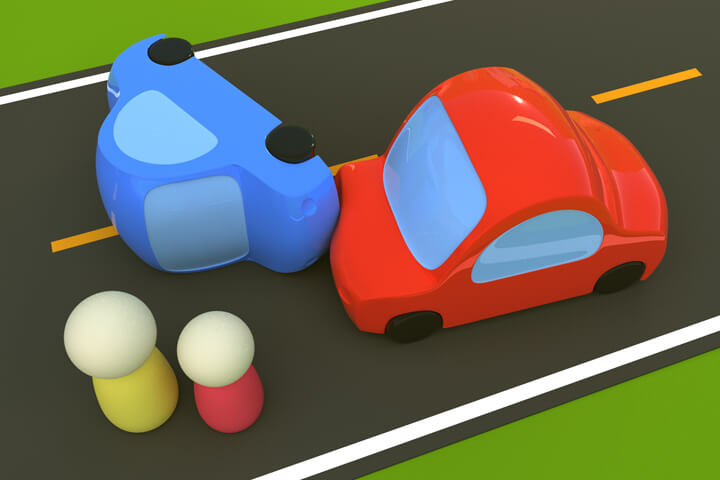 Cartoon-like 3D render of rollover accident