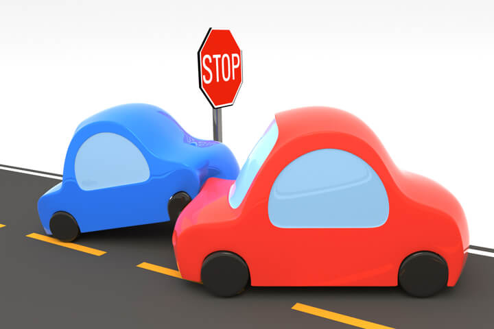 Cartoon 3D render of a vehicle collision at a stop sign