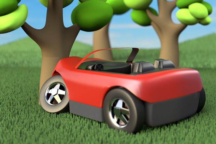 Cute red convertible crashed into tree with hills and trees in background