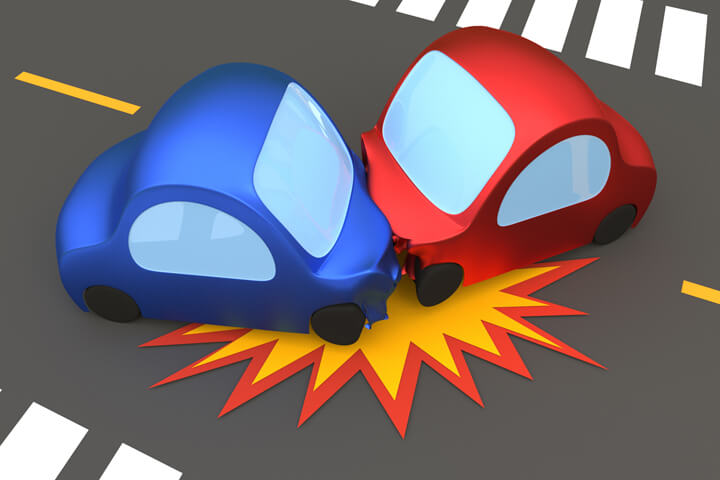 3D cartoon render of a two vehicle accident on a street