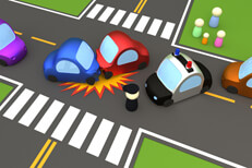 Two vehicle collision on street with police car and policeman