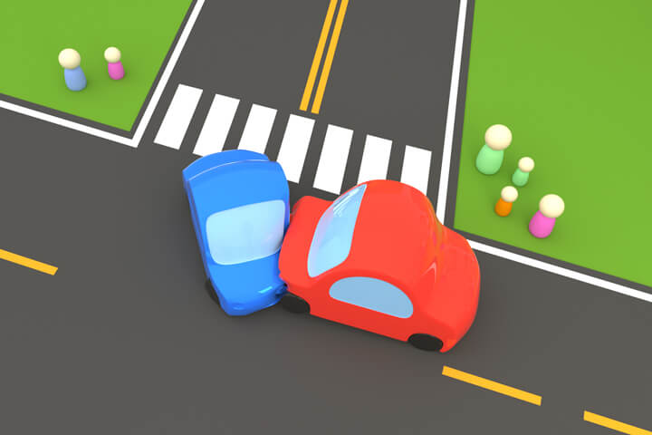 Cartoon 3D render of two vehicle accident at street intersection with onlookers