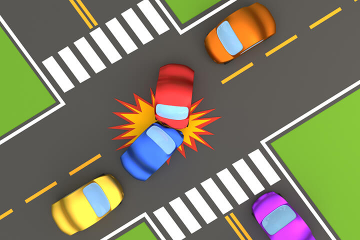 Cartoon 3D render of two car accident at intersection
