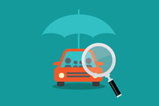 Family in car under umbrella with magnifying glass flat image concept for finding affordable car insurance or comparing prices online