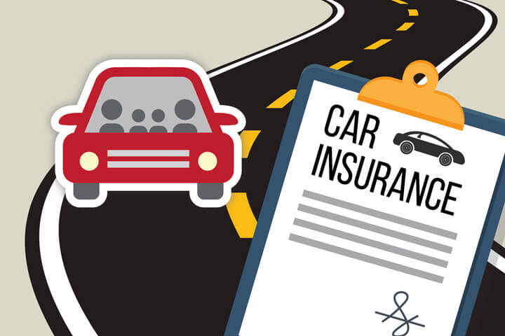 Family in car driving on curvy road with car insurance policy in foreground