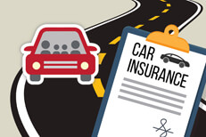 Family in car driving on curvy road with car insurance policy in foreground