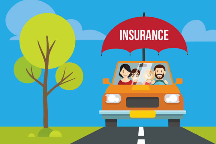 Happy family driving in car on road protected by car insurance umbrella flat concept