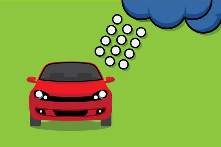 Red car on bright green background with hail stones falling from dark clouds