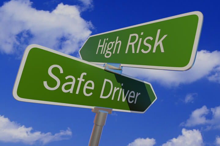 Street sign with arrows reading High Risk and Safe Driver pointing in opposite directions