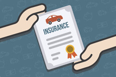Hands holding car insurance policy with icon background of cars, piggy bank, and money flat concept for auto insurance