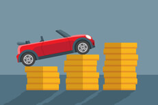 Toy car on coin stacks flat design concept for auto insurance price increase or increasingly expensive car insurance