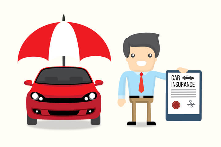Smiling insurance agent holding car insurance policy next to red car under protection umbrella
