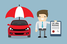 Insurance agent with policy and car Smiling insurance agent holding car insurance policy next to red car under protection umbrella on light blue background