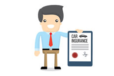 Smiling insurance agent holding a car insurance policy flat concept on white background