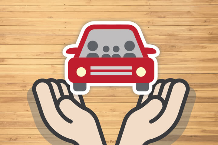 Healing hands holding car flat concept for car insurance protection with wood plank background