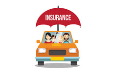Family driving in car protected by car insurance umbrella flat concept on white background