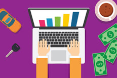 Desktop with hands on laptop, car key, money, toy car, and coffee cup with screen showing bar chart with increasing auto insurance rates