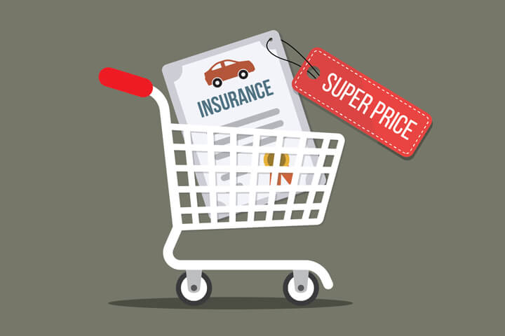 Shopping cart with car insurance policy tagged with super price concept for finding the best price on car insurance